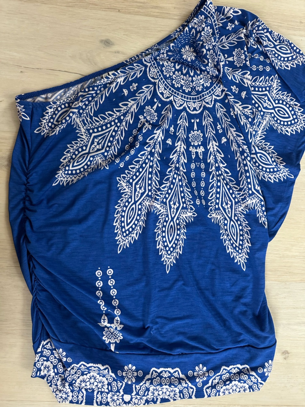 Studio Y Blue and White Floral Print Shirt One Shoulder